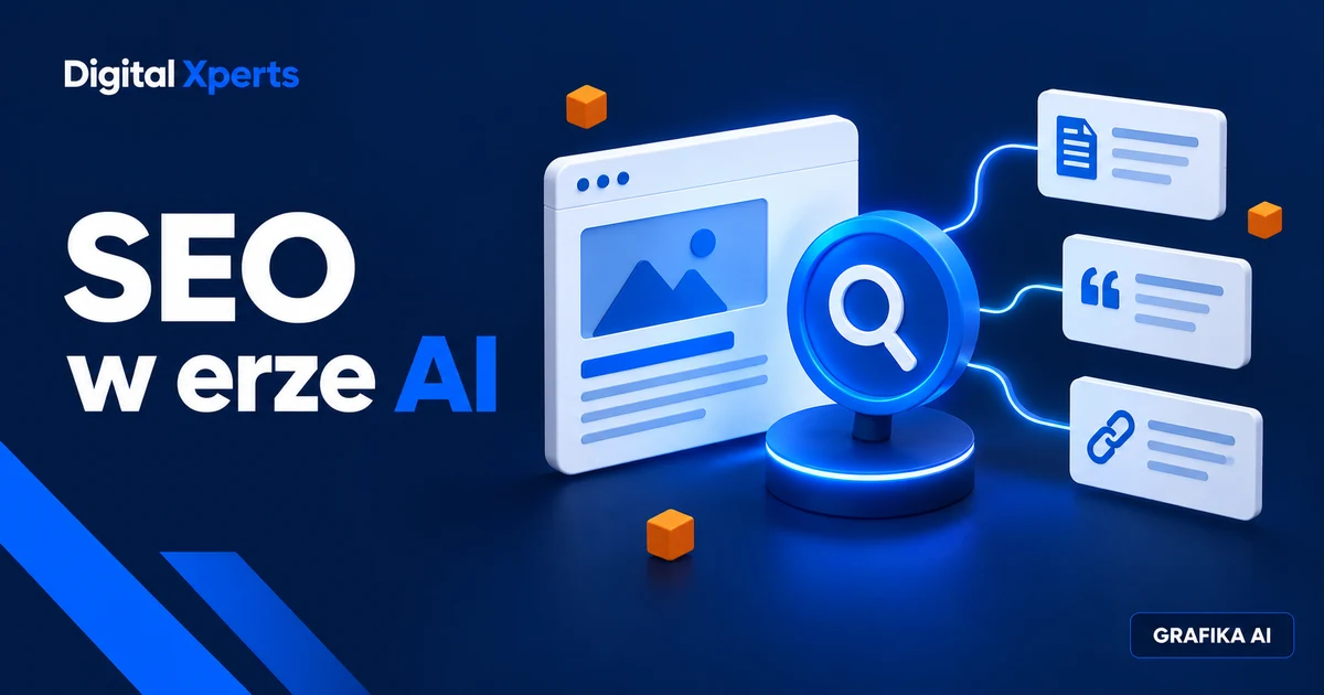Schemat strony internetowej, wyszukiwania i cytowań na granatowym tle. Napis SEO w erze AI oraz GRAFIKA AI.