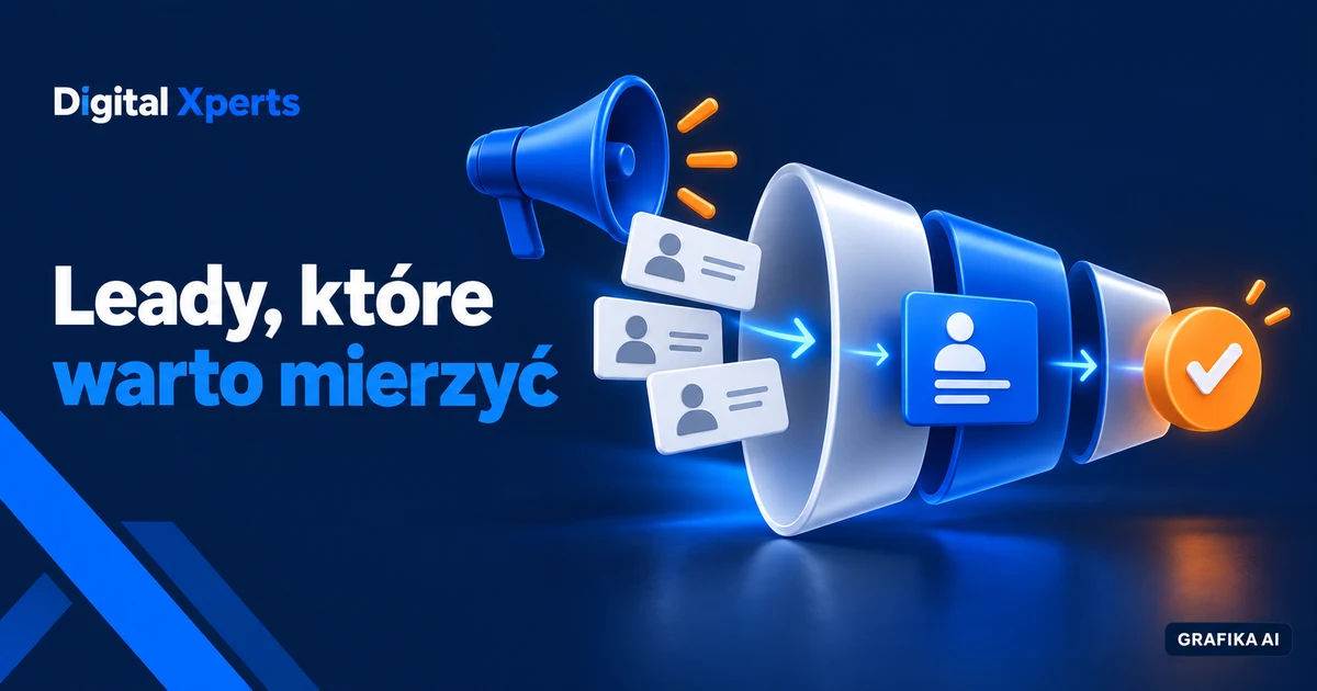 Ilustracyjny lejek od reklam do kwalifikowanego kontaktu. Napisy: Leady, które warto mierzyć, Digital Xperts i GRAFIKA AI.