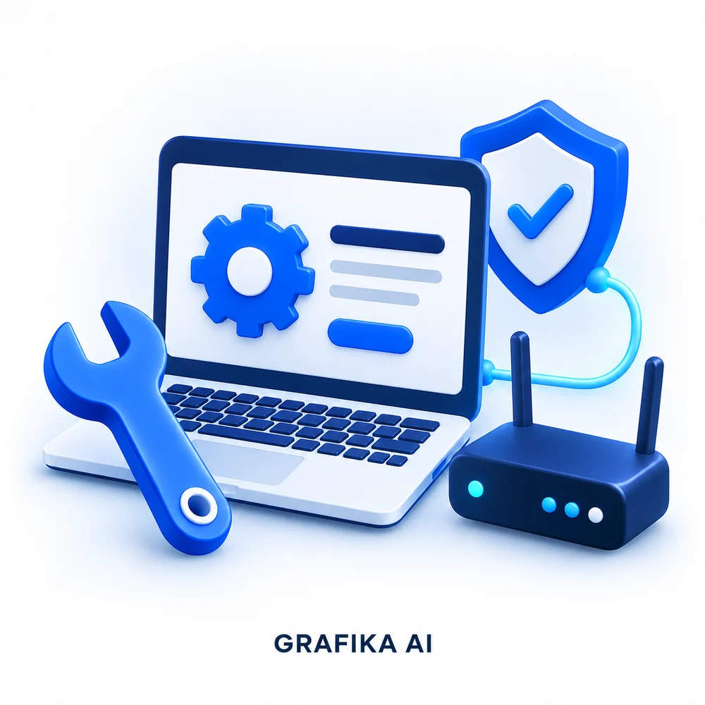 Laptop, klucz i router — ilustracja AI serwisu biurowego