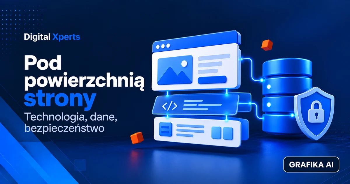 Pod powierzchnią strony. Technologia, dane, bezpieczeństwo — ilustracja AI