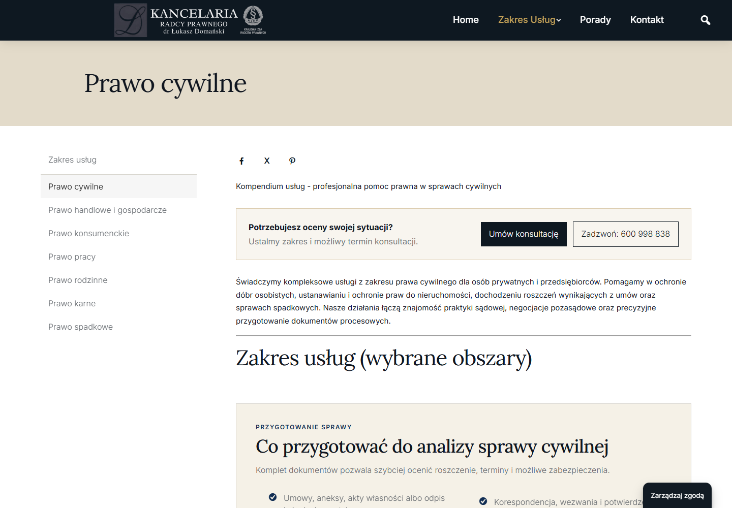 Przykładowa podstrona usługi prawnej w serwisie Domański Kancelaria
