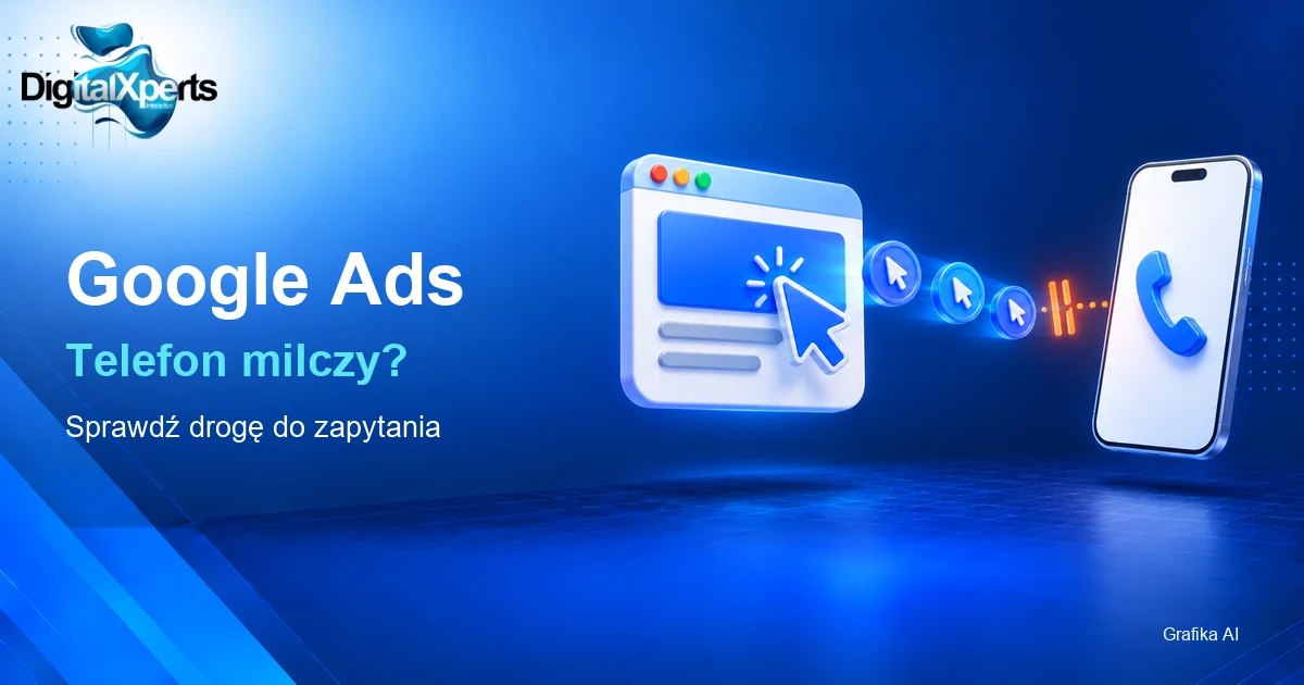 Ilustracja AI: karta reklamy, symbole kliknięć i telefon z przerwanym połączeniem.