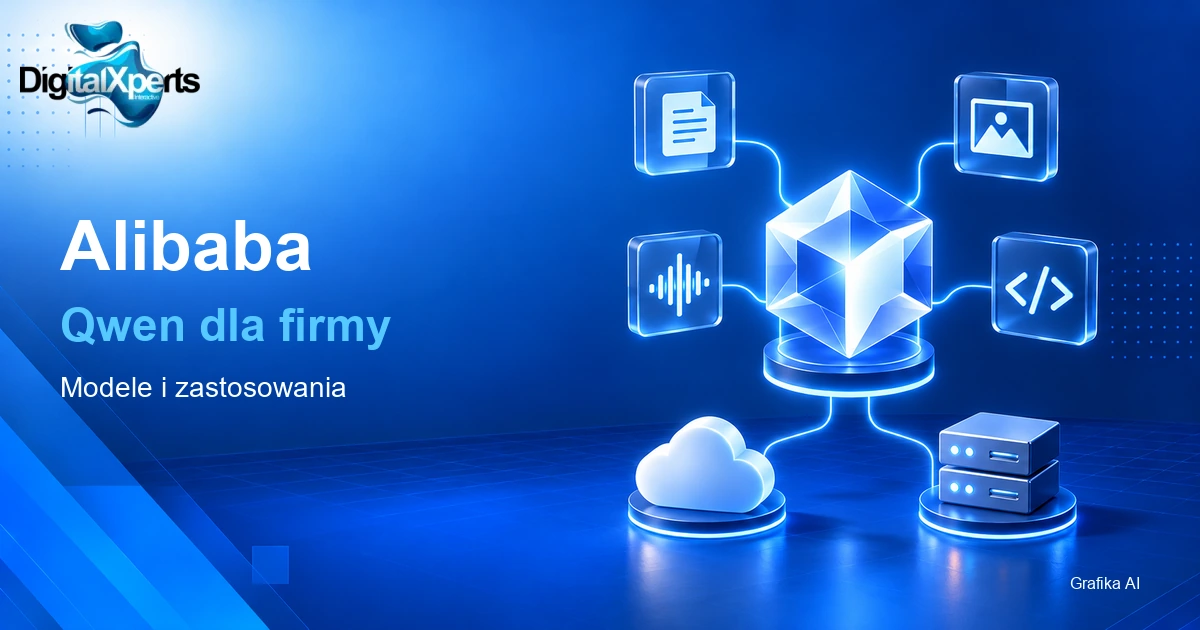 Ilustracyjna mapa Alibaba Qwen: modele tekstu, obrazu, audio i kodu oraz chmura i własne środowisko, oznaczenie Grafika AI. Oryginalny logotyp DigitalXperts.