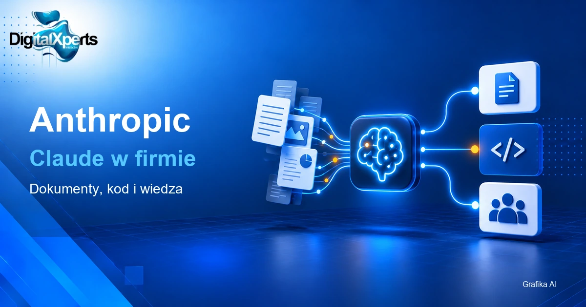 Ilustracyjny schemat: dokumenty trafiają do Claude i wspierają tworzenie dokumentów, kod oraz pracę zespołu. DigitalXperts, Grafika AI. Oryginalny logotyp DigitalXperts.