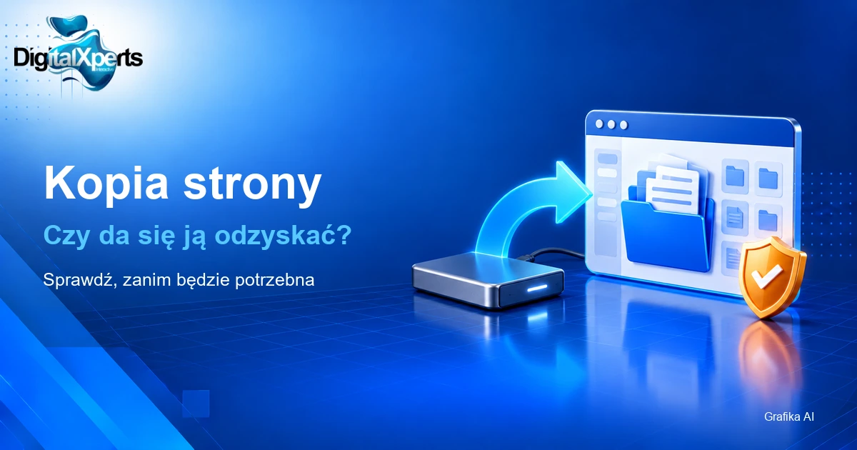 Ilustracja AI: dysk kopii zapasowej, przywracana strona internetowa i tarcza ochrony
