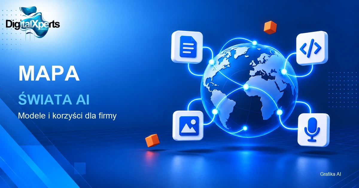 Mapa świata AI: glob oraz ikony dokumentu, kodu, obrazu i głosu, markowa ilustracja DigitalXperts oznaczona Grafika AI. Oryginalny logotyp DigitalXperts.