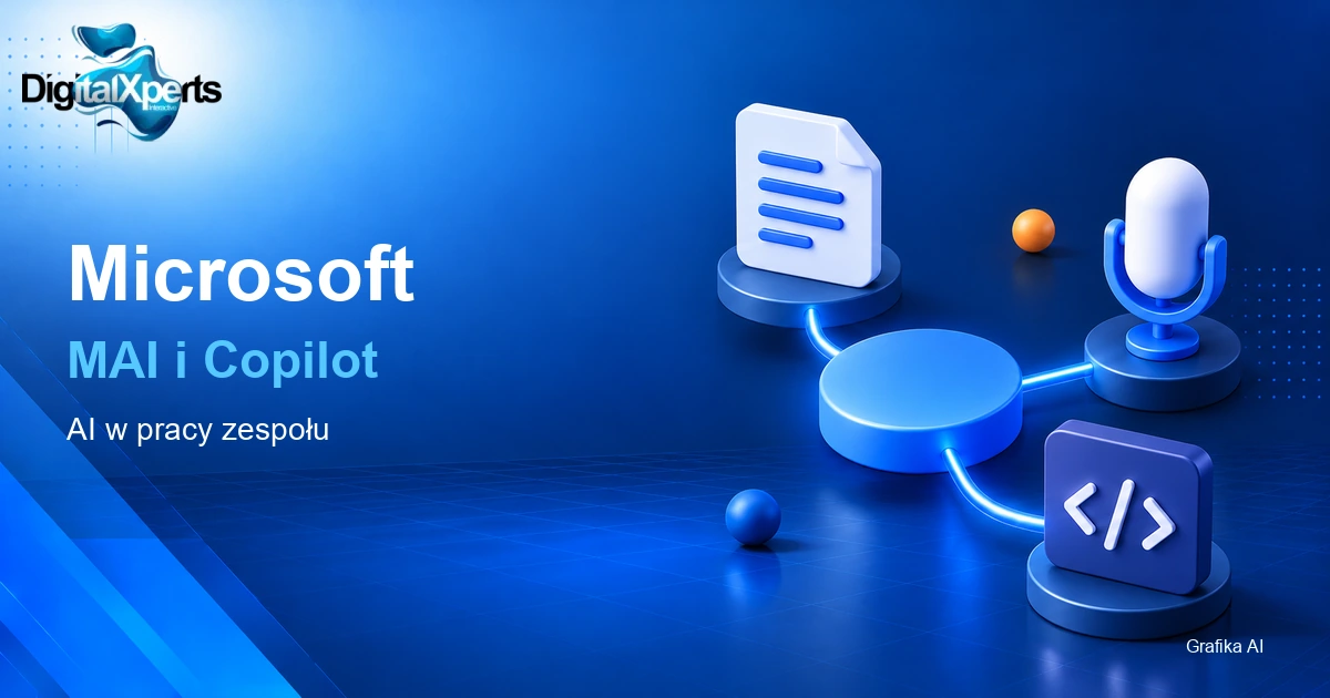 Microsoft MAI i Copilot: ilustracyjne połączenie dokumentu, mikrofonu i kodu; DigitalXperts, Grafika AI. Oryginalny logotyp DigitalXperts.