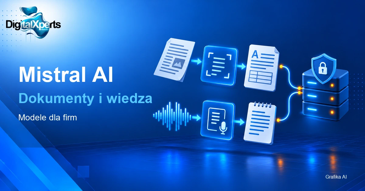 Ilustracyjny schemat Mistral: skan przez OCR i nagranie przez transkrypcję trafiają do uporządkowanych dokumentów. DigitalXperts, Grafika AI. Oryginalny logotyp DigitalXperts.