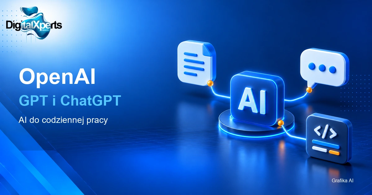 Ilustracyjna mapa OpenAI w firmie: centralny moduł AI połączony z dokumentem, rozmową i kodem; DigitalXperts, Grafika AI. Oryginalny logotyp DigitalXperts.