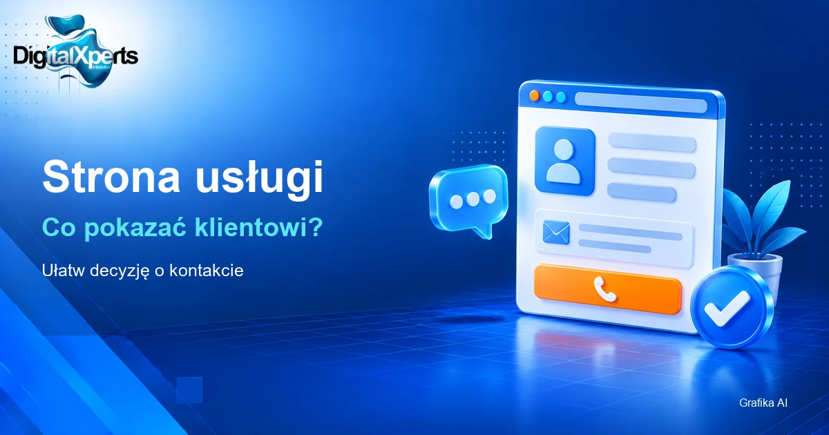 Schemat strony usługi z przyciskiem telefonu, wiadomością i znakiem potwierdzenia.