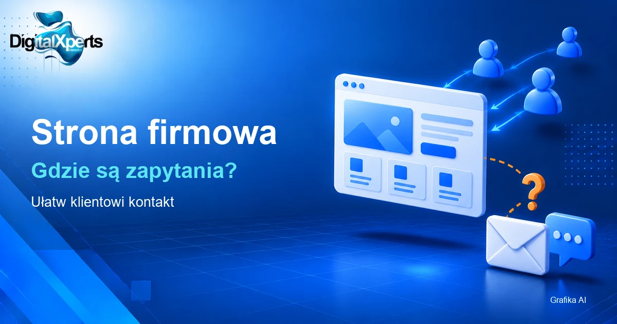 Ilustracja AI: osoby trafiające na stronę i droga do koperty kontaktowej.
