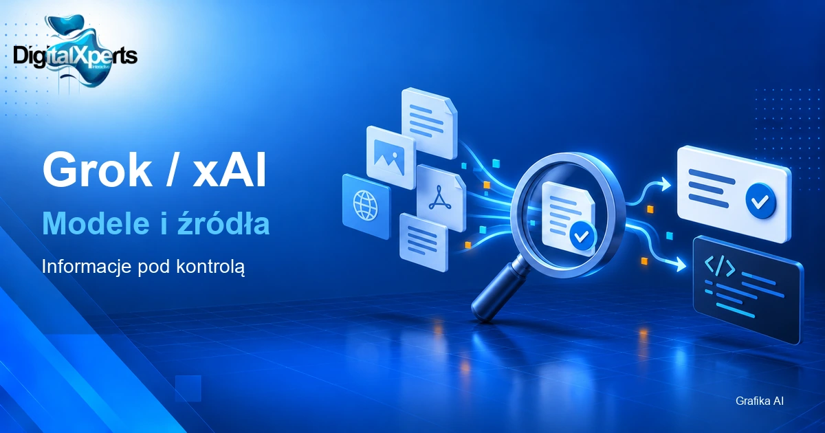 Ilustracyjny schemat sprawdzania źródeł przed przygotowaniem odpowiedzi i kodu w Groku. DigitalXperts, Grafika AI. Oryginalny logotyp DigitalXperts.